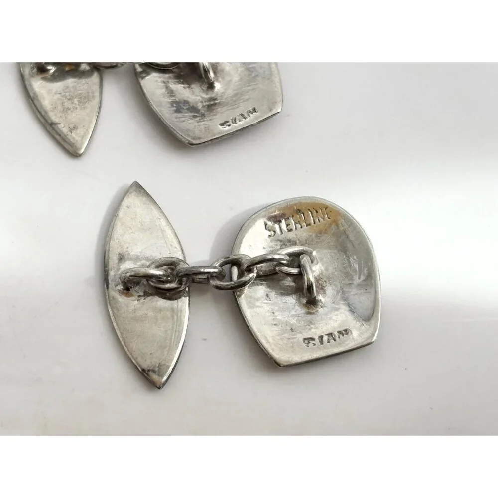 Siam Sterling Cufflink Black Horseshoe Nielloware Vintage Thai Made 925 Earrings